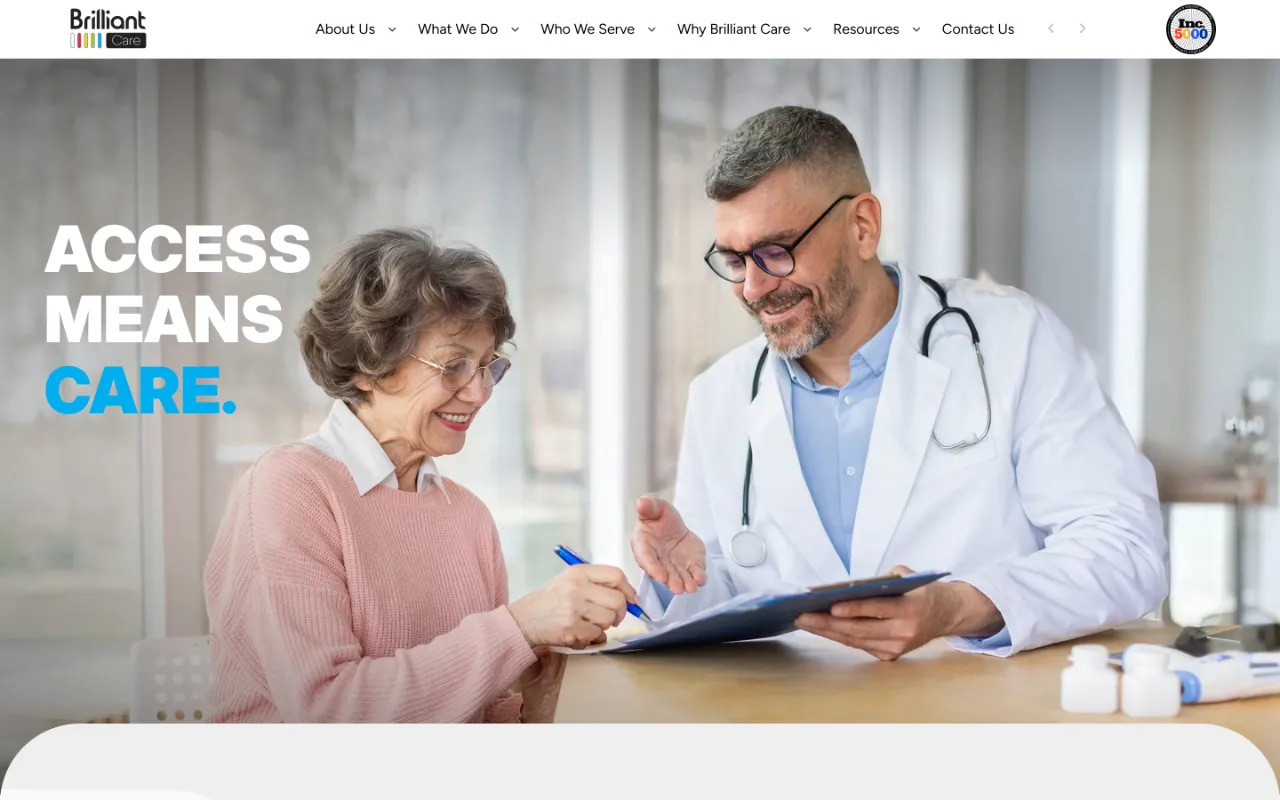 Brilliant Care homepage on a desktop screen: the headline “Access Means Care.” beside a doctor going through a form with an older patient.
