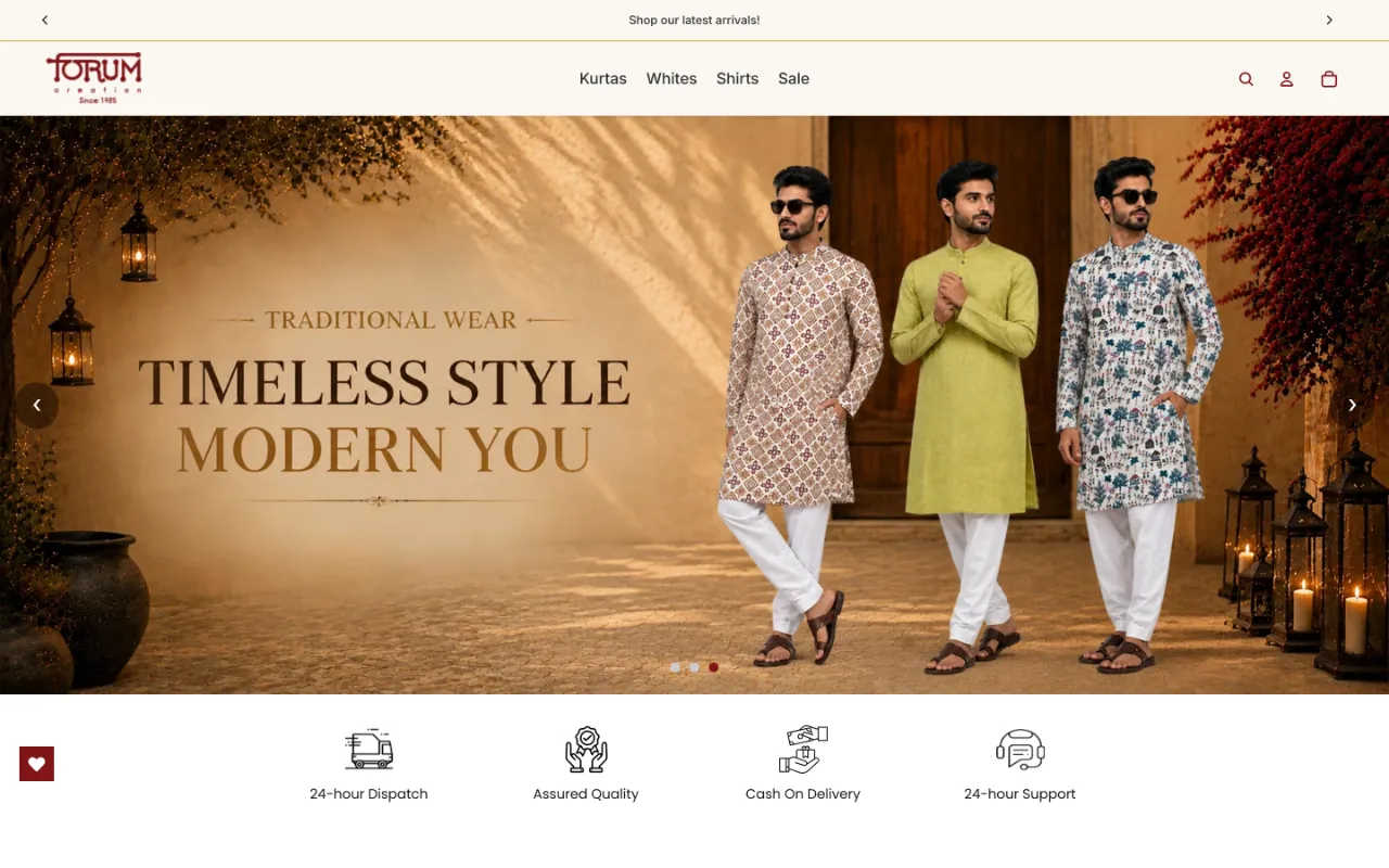 Forum Creation homepage on a desktop screen: a “Traditional Wear · Timeless Style, Modern You” slide of three men in printed and plain kurtas, below a menu of kurtas, whites and shirts.