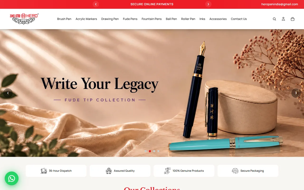 Hero Pen India homepage on a desktop screen: a “Write Your Legacy · Fude Tip Collection” slide with a navy and a turquoise fountain pen, below a menu of pen types.