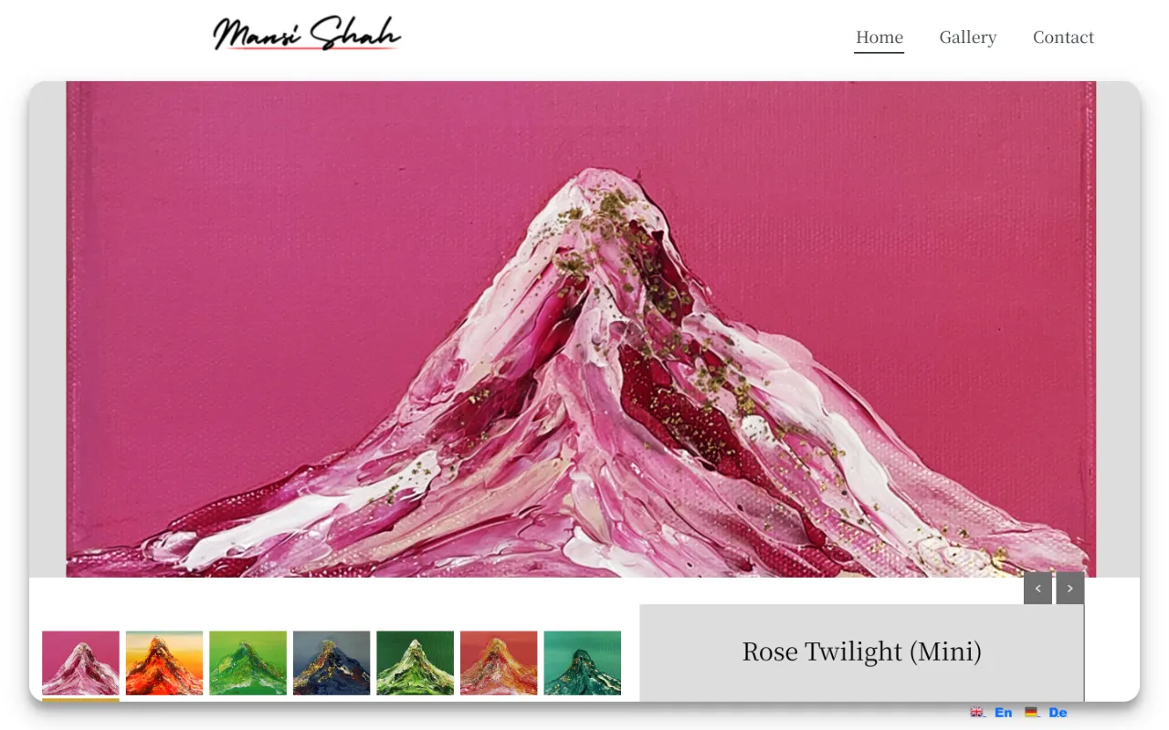 Mansi Shah’s homepage on a desktop screen: a large painting of a pink mountain, “Rose Twilight (Mini)”, above a strip of thumbnails of further paintings.