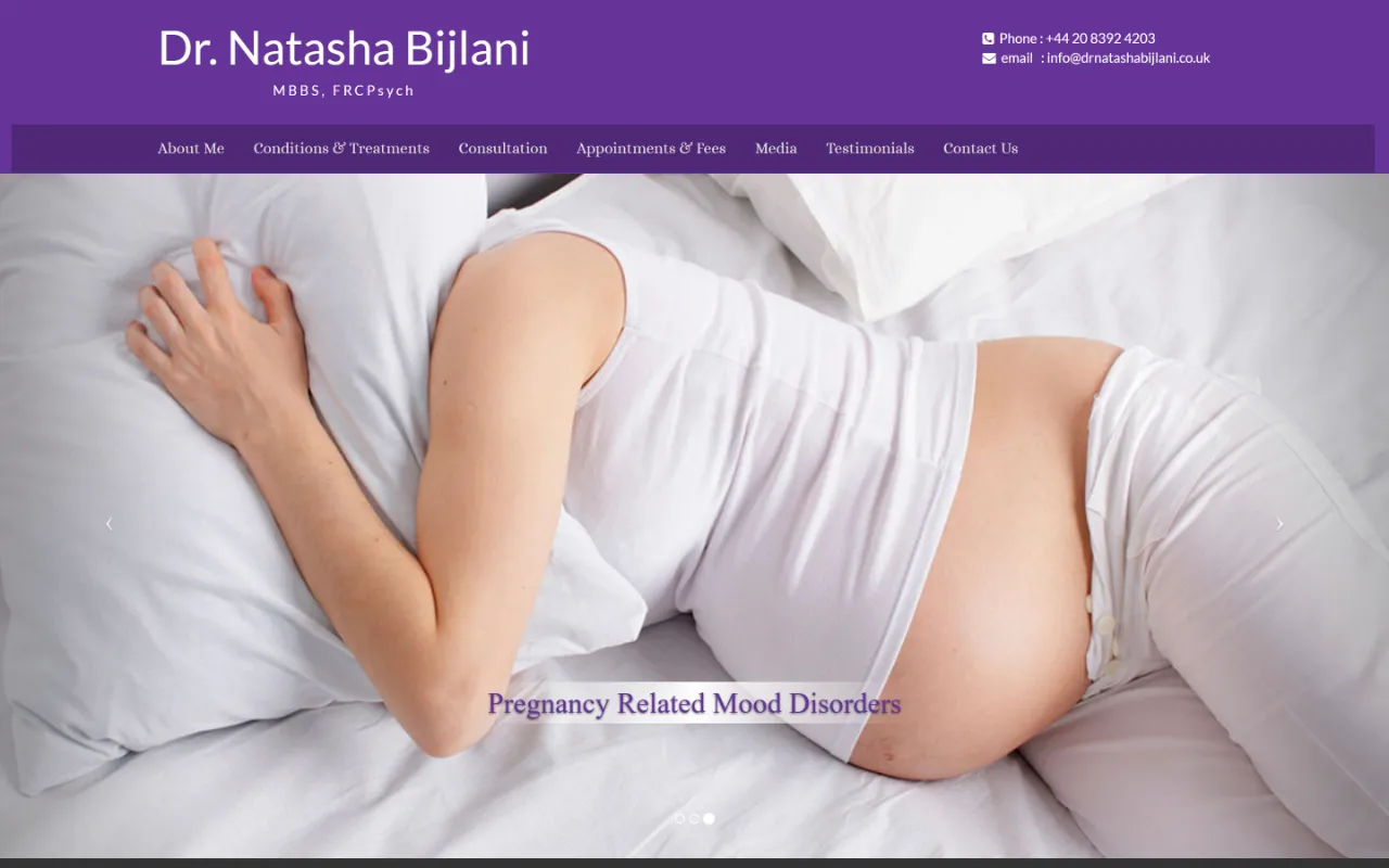 Dr. Natasha Bijlani’s homepage on a desktop screen: her name and contact details on a purple header above the menu, and a soft photographic slide titled “Pregnancy Related Mood Disorders”.