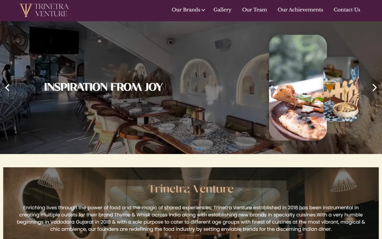 Trinetra Venture homepage on a desktop screen: a slide headed “Inspiration from Joy” over a restaurant dining room, beside photos of pizza and pasta.