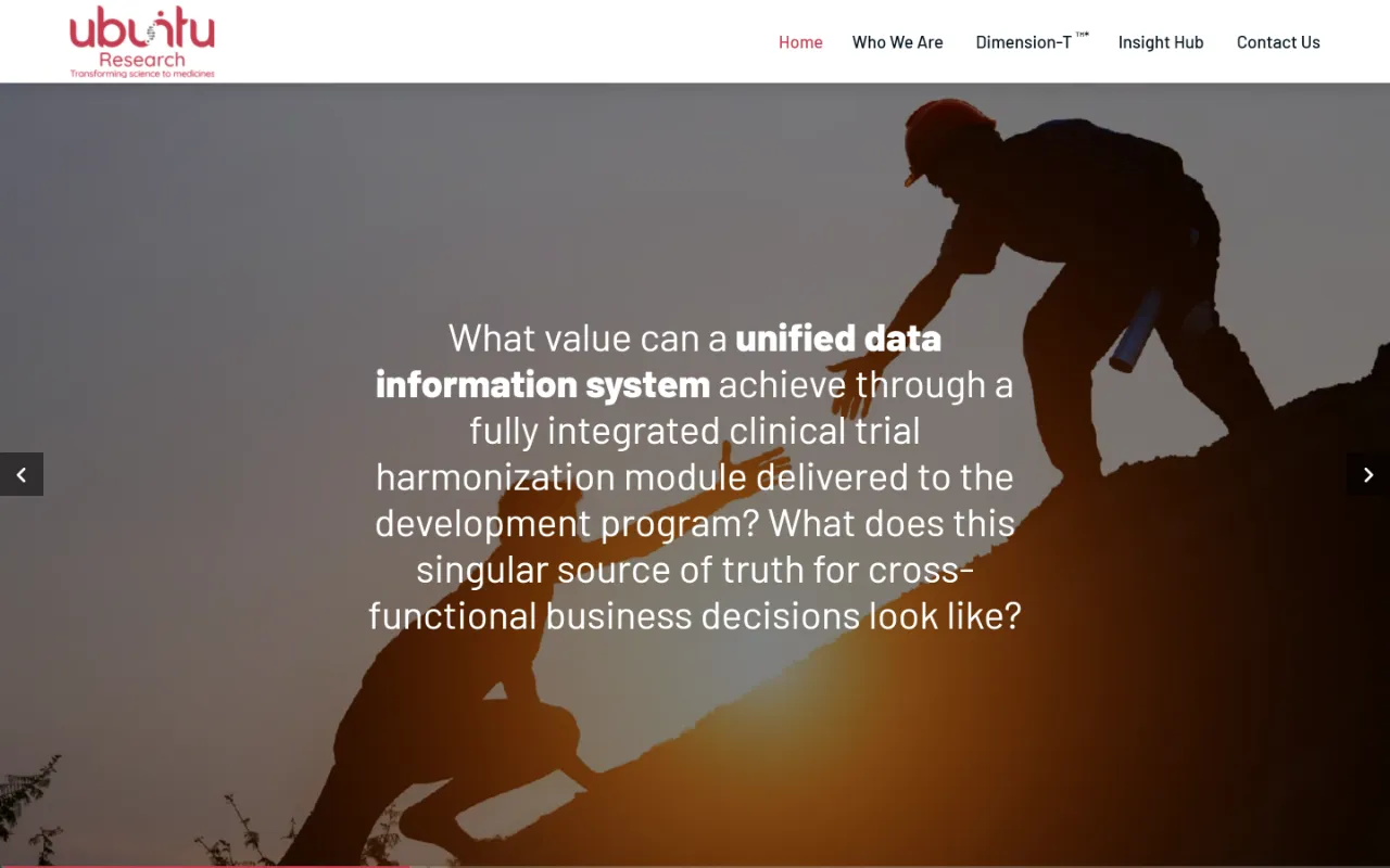 Ubuntu Research homepage on a desktop screen: a full-width slide of one climber helping another up a rock face at sunset, with a question about unified clinical-trial data.